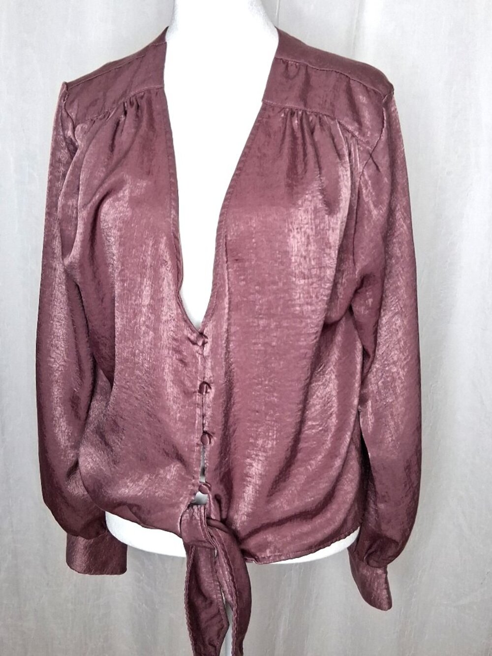 Free People Party Crasher Tie Front Blouse Mauve Satin Finish